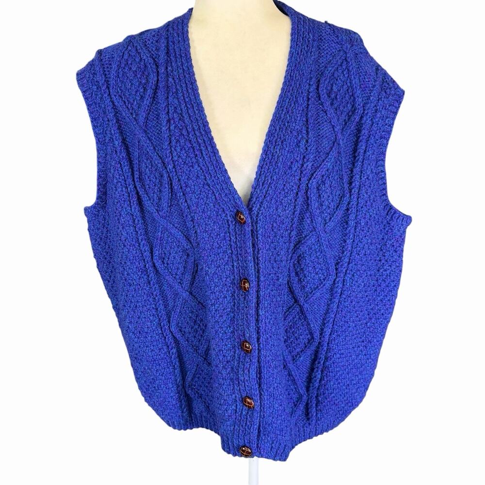 Vtg Connemara Aran Handknit Irish Wool Sweater Vest Blue Purple Fisherman 2XL